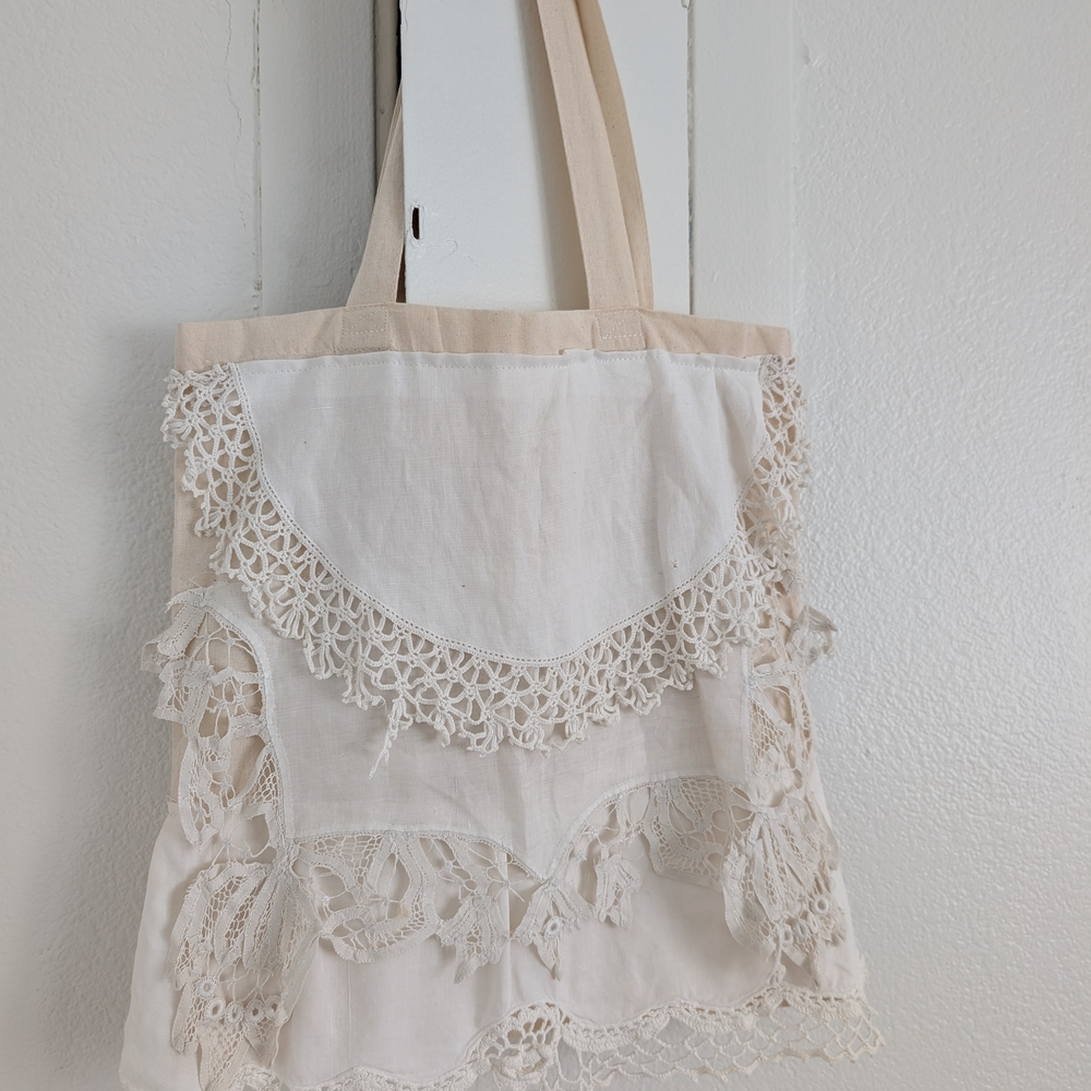 Handcrafted Vintage Lace Cream Tote Bag